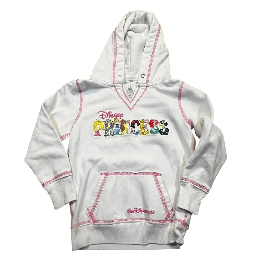Disney Work Parks Princess Embroidered Hoodie White Pink Youth Girls‎ Size Small